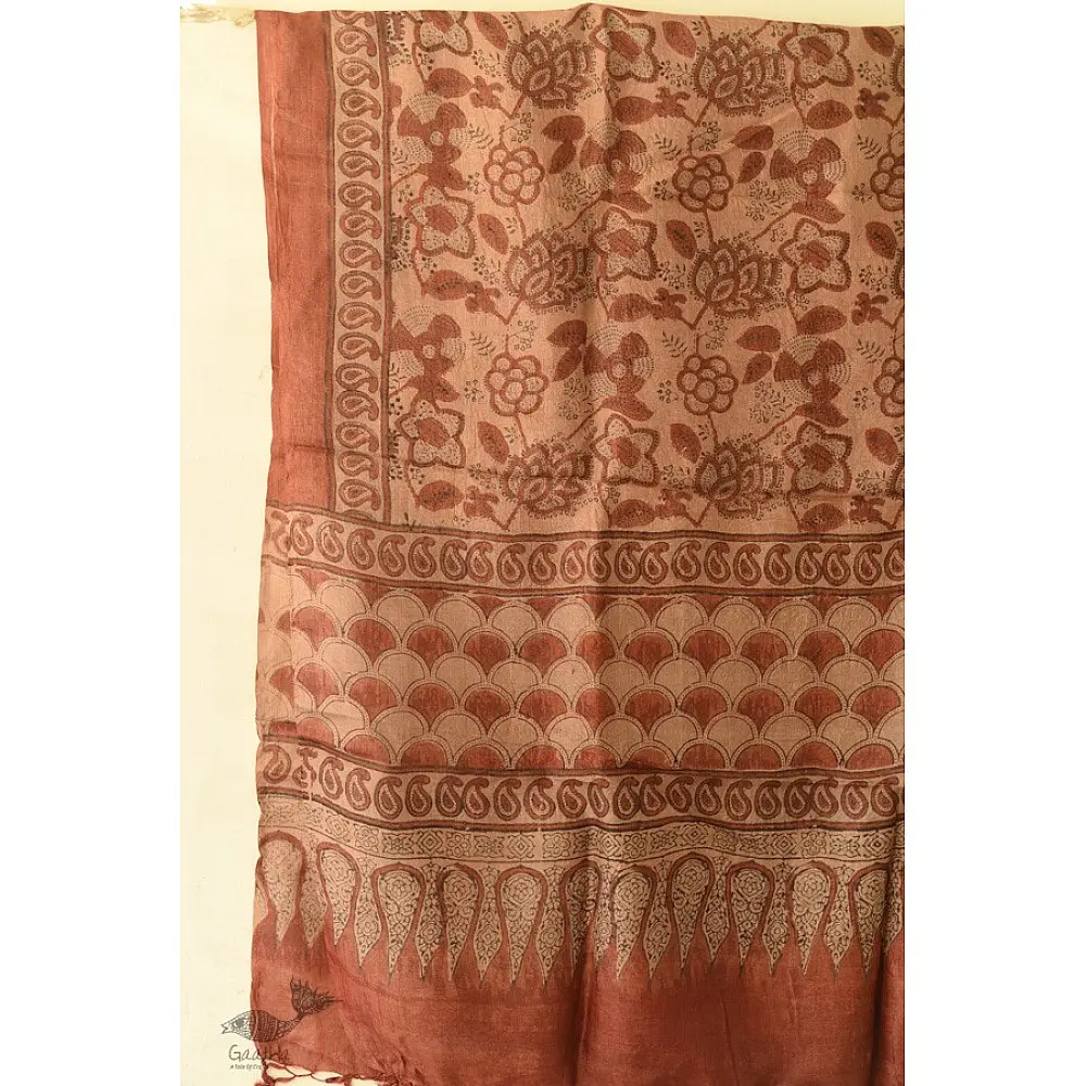 terracotta madder red ajrakh tussar silk stole hand block printed floral jaal body ornate paisley kalka border traditional mihrab arched detail artisanal scarf sustainable wild silk natural dyed