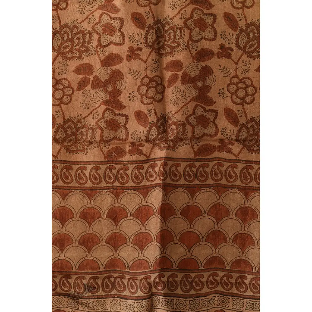 terracotta madder red ajrakh tussar silk stole hand block printed floral jaal body ornate paisley kalka border traditional mihrab arched detail artisanal scarf sustainable wild silk natural dyed