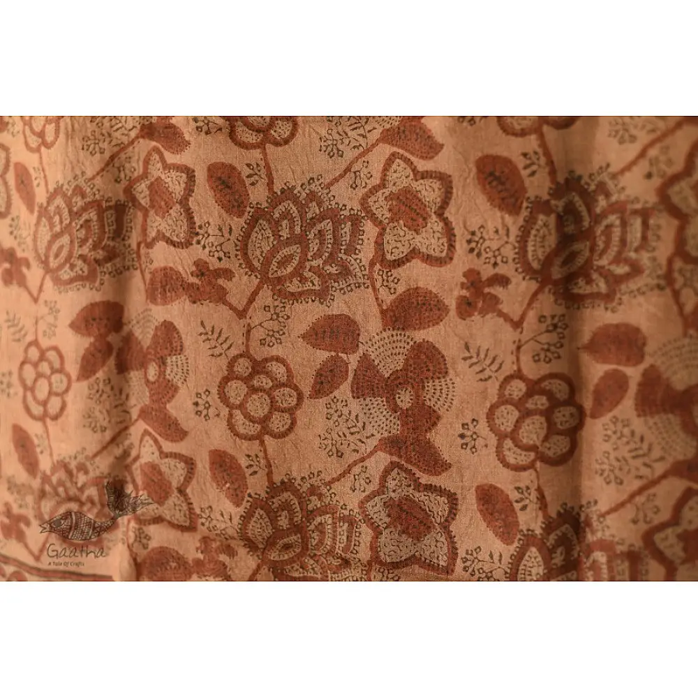 terracotta madder red ajrakh tussar silk stole hand block printed floral jaal body ornate paisley kalka border traditional mihrab arched detail artisanal scarf sustainable wild silk natural dyed