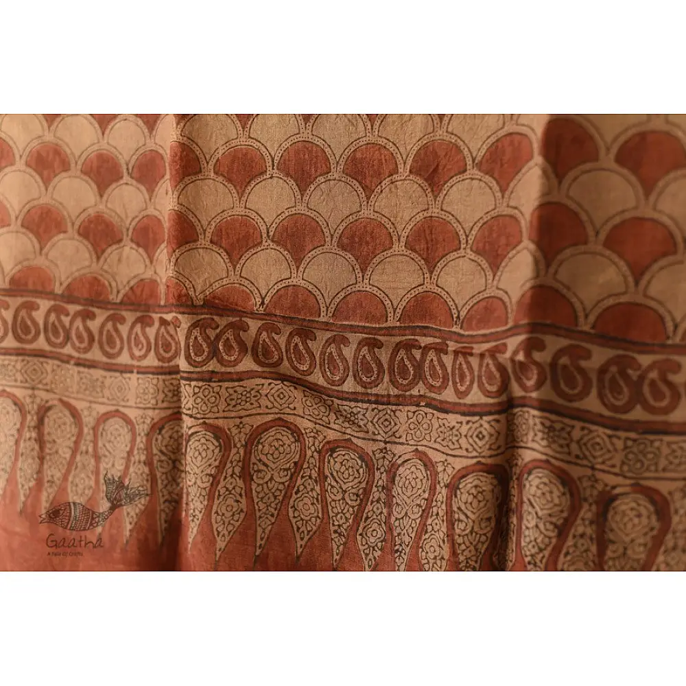 terracotta madder red ajrakh tussar silk stole hand block printed floral jaal body ornate paisley kalka border traditional mihrab arched detail artisanal scarf sustainable wild silk natural dyed