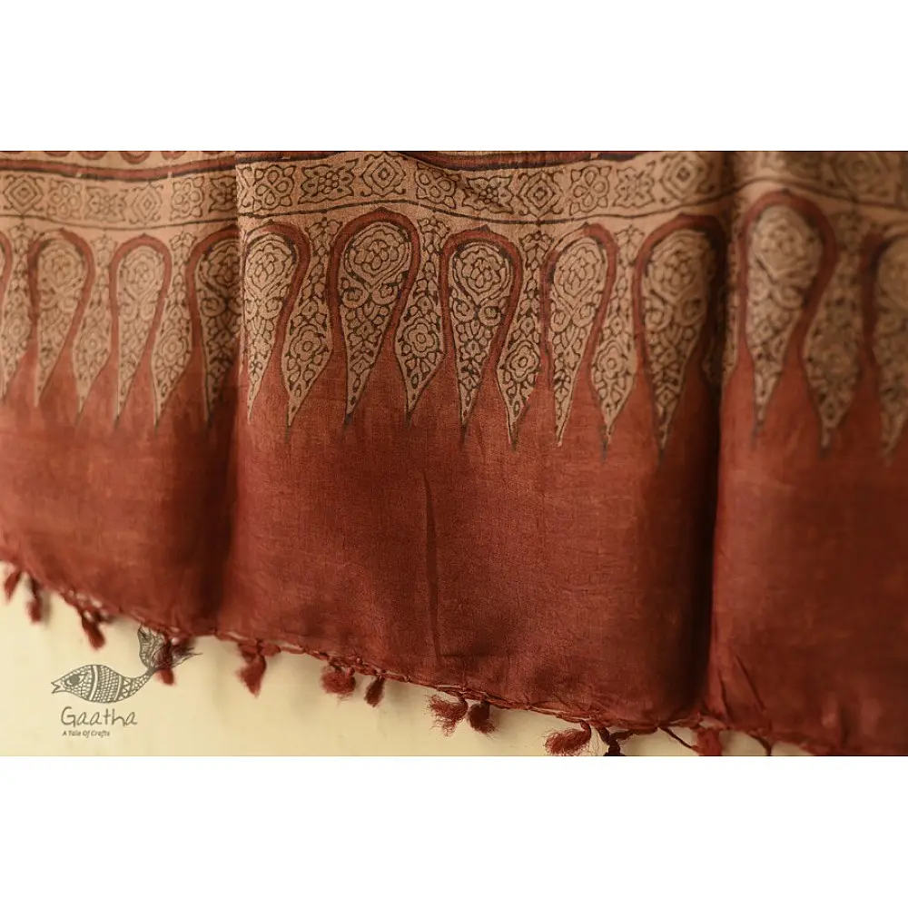 terracotta madder red ajrakh tussar silk stole hand block printed floral jaal body ornate paisley kalka border traditional mihrab arched detail artisanal scarf sustainable wild silk natural dyed