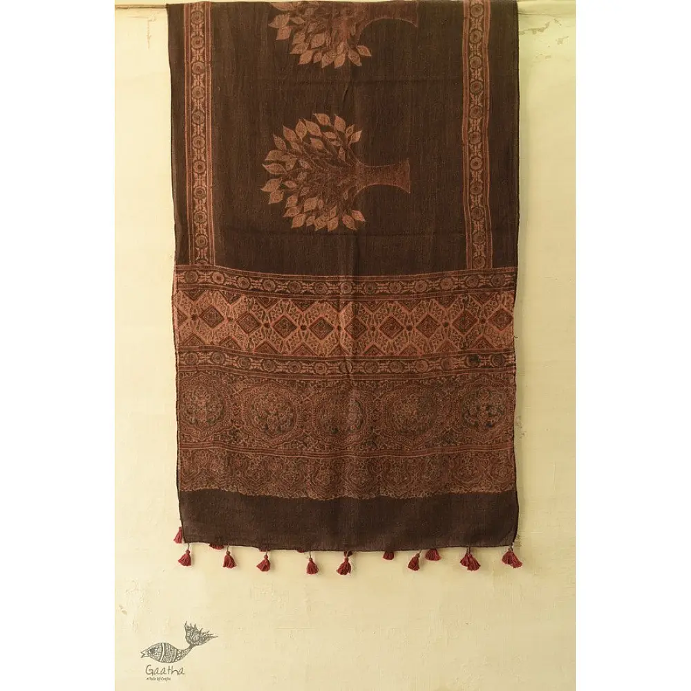 chocolate brown madder red ajrakh wool stole hand block printed tree of life kalpavriksha body ornate floral mandala border traditional artisanal winter scarf sustainable wool natural dyed with tassels