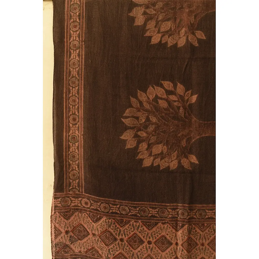 chocolate brown madder red ajrakh wool stole hand block printed tree of life kalpavriksha body ornate floral mandala border traditional artisanal winter scarf sustainable wool natural dyed with tassels