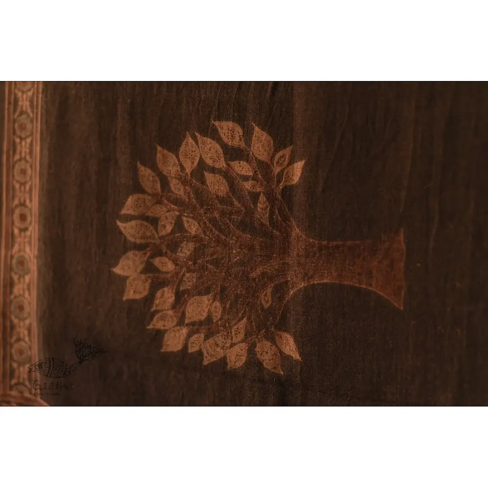 chocolate brown madder red ajrakh wool stole hand block printed tree of life kalpavriksha body ornate floral mandala border traditional artisanal winter scarf sustainable wool natural dyed with tassels