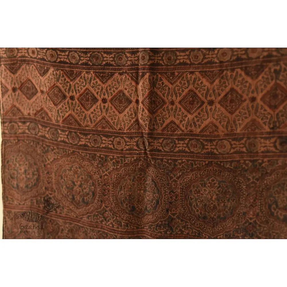 chocolate brown madder red ajrakh wool stole hand block printed tree of life kalpavriksha body ornate floral mandala border traditional artisanal winter scarf sustainable wool natural dyed with tassels