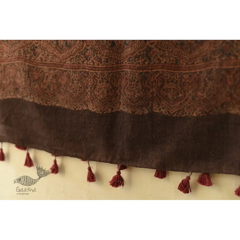 chocolate brown madder red ajrakh wool stole hand block printed tree of life kalpavriksha body ornate floral mandala border traditional artisanal winter scarf sustainable wool natural dyed with tassels