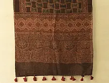 Ajrakh Block Print ~ Natural Dyed Woolen Stole - Smokey Black 