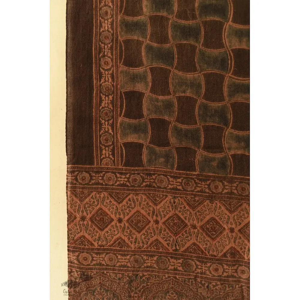 chocolate brown madder red ajrakh wool stole hand block printed geometric grid body ornate floral mandala border traditional artisanal winter scarf sustainable wool natural dyed with tassels