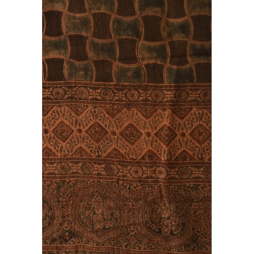 chocolate brown madder red ajrakh wool stole hand block printed geometric grid body ornate floral mandala border traditional artisanal winter scarf sustainable wool natural dyed with tassels