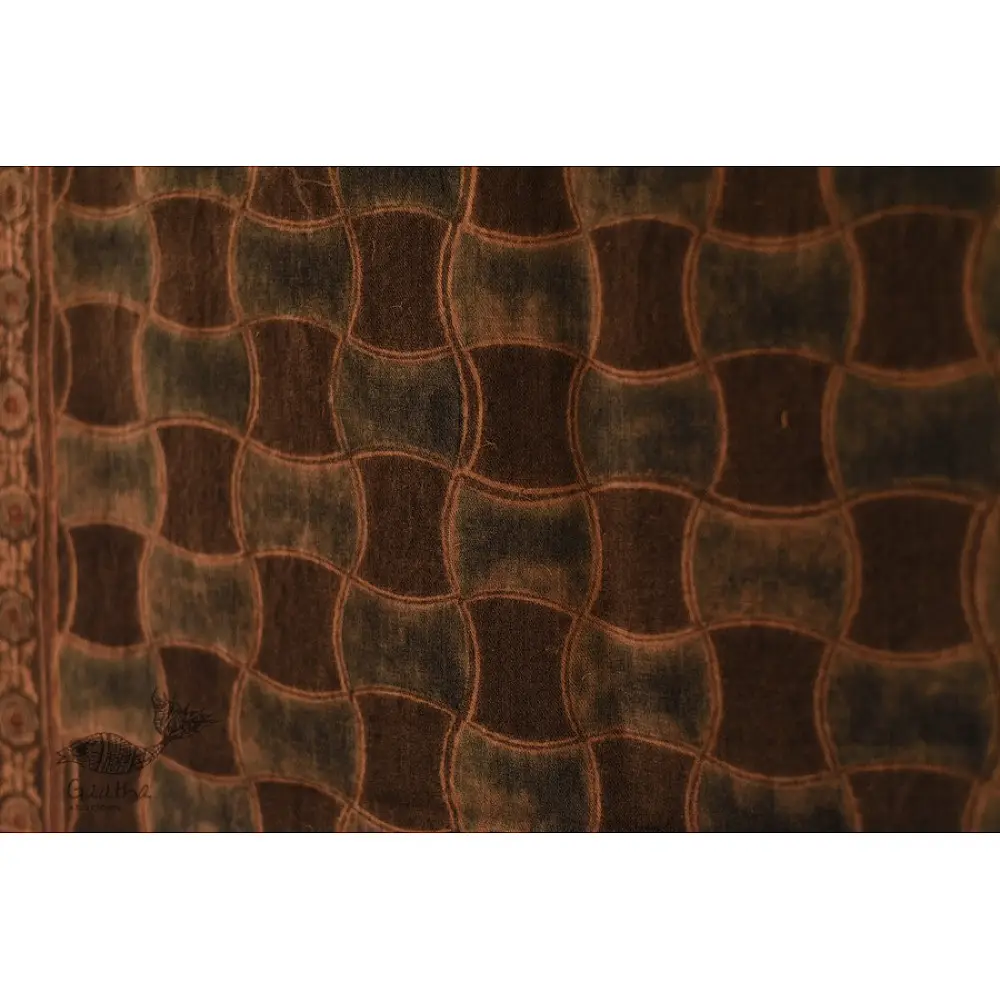 chocolate brown madder red ajrakh wool stole hand block printed geometric grid body ornate floral mandala border traditional artisanal winter scarf sustainable wool natural dyed with tassels