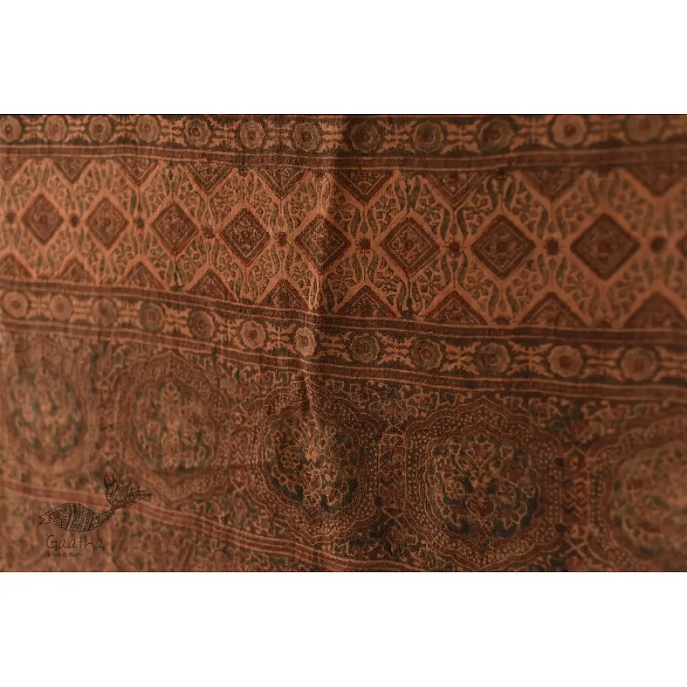 chocolate brown madder red ajrakh wool stole hand block printed geometric grid body ornate floral mandala border traditional artisanal winter scarf sustainable wool natural dyed with tassels