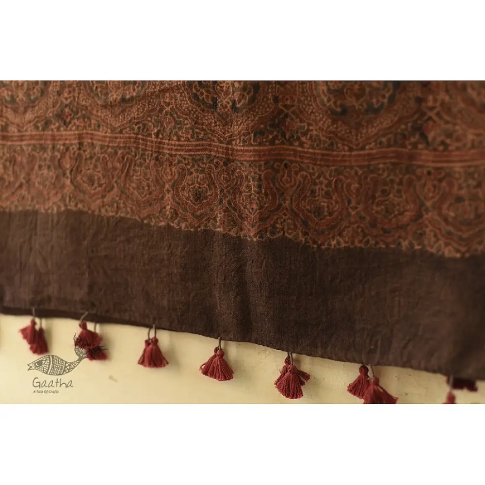 chocolate brown madder red ajrakh wool stole hand block printed geometric grid body ornate floral mandala border traditional artisanal winter scarf sustainable wool natural dyed with tassels