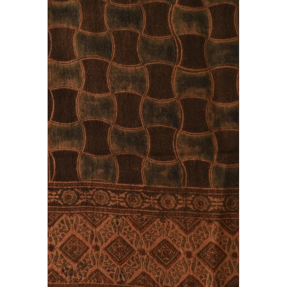 chocolate brown madder red ajrakh wool stole hand block printed geometric grid body ornate floral mandala border traditional artisanal winter scarf sustainable wool natural dyed with tassels