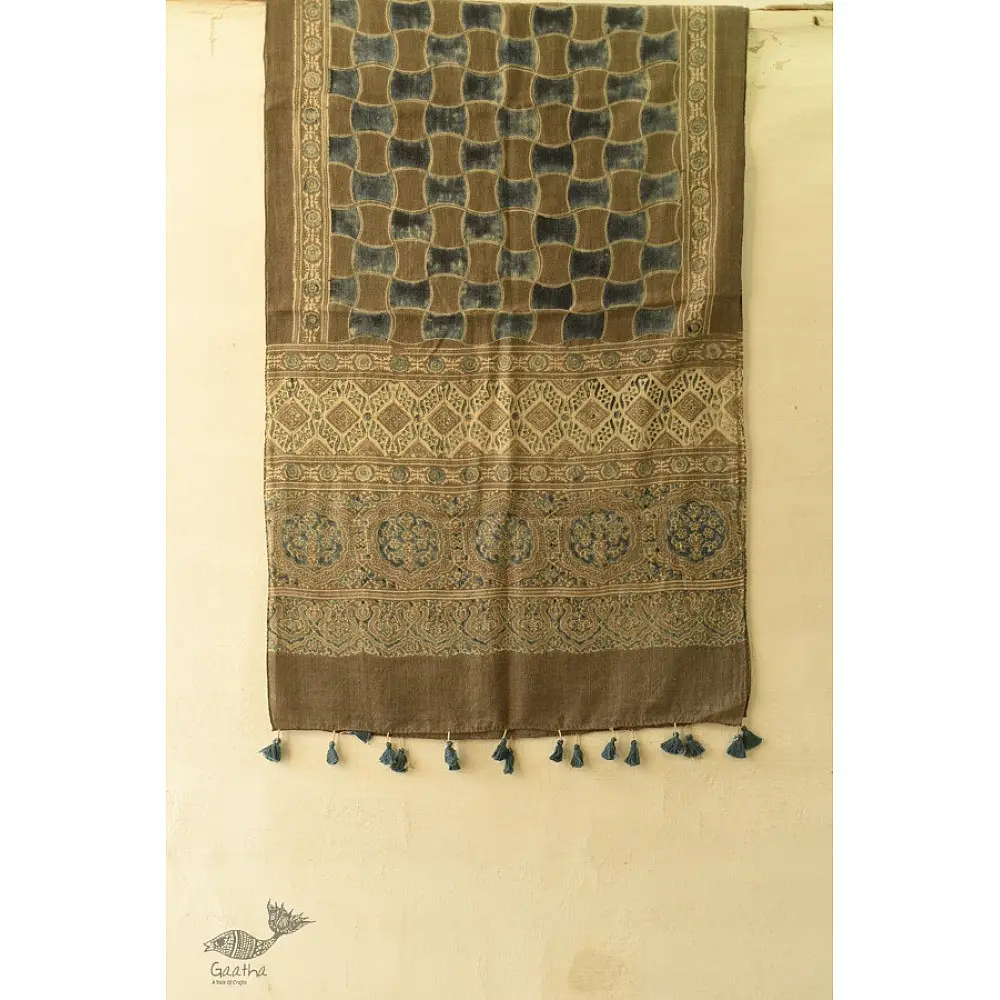 olive brown indigo blue ajrakh wool stole hand block printed geometric grid body ornate floral mandala border traditional artisanal winter scarf sustainable wool natural dyed with tassels