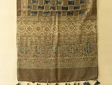 Ajrakh Block Print ~ Natural Dyed Woolen Stole - Greenish Grey