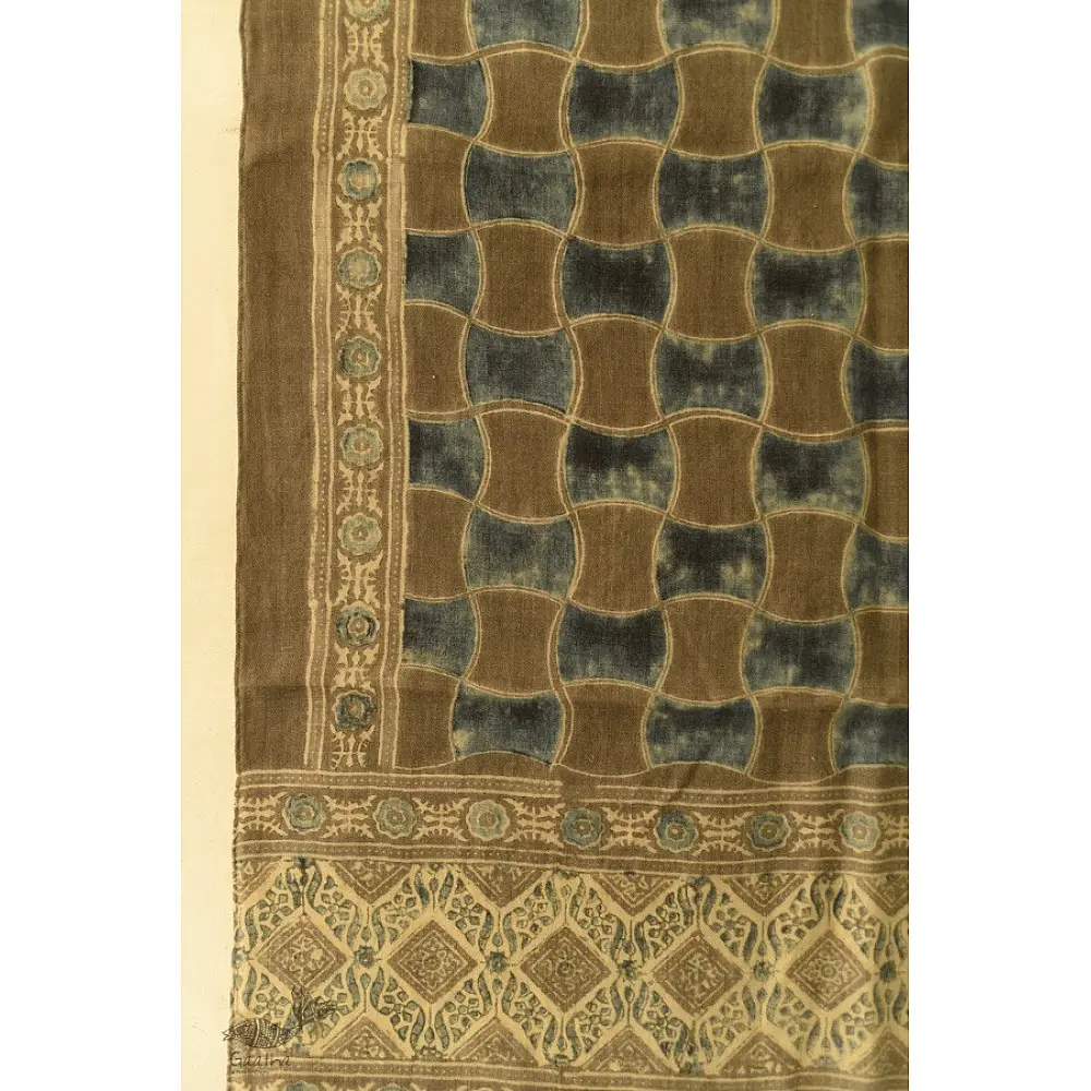 olive brown indigo blue ajrakh wool stole hand block printed geometric grid body ornate floral mandala border traditional artisanal winter scarf sustainable wool natural dyed with tassels