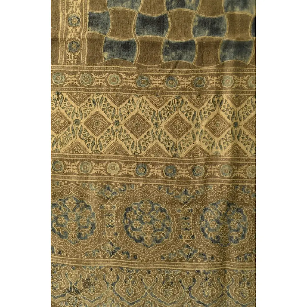 olive brown indigo blue ajrakh wool stole hand block printed geometric grid body ornate floral mandala border traditional artisanal winter scarf sustainable wool natural dyed with tassels