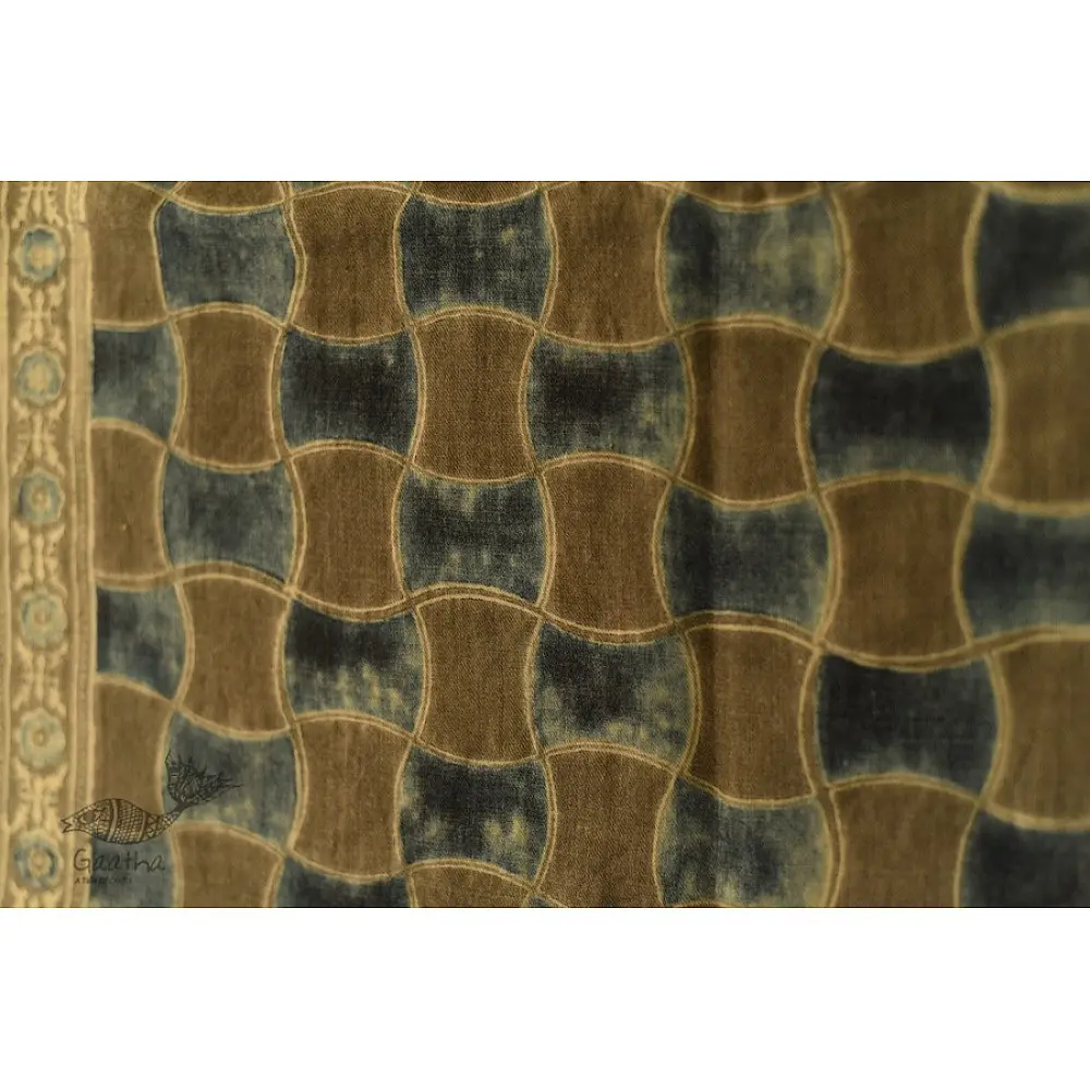 olive brown indigo blue ajrakh wool stole hand block printed geometric grid body ornate floral mandala border traditional artisanal winter scarf sustainable wool natural dyed with tassels