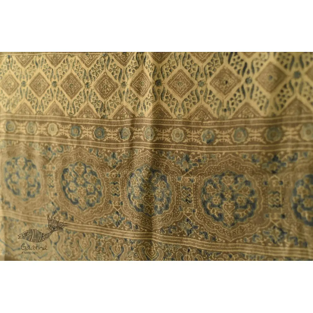 olive brown indigo blue ajrakh wool stole hand block printed geometric grid body ornate floral mandala border traditional artisanal winter scarf sustainable wool natural dyed with tassels