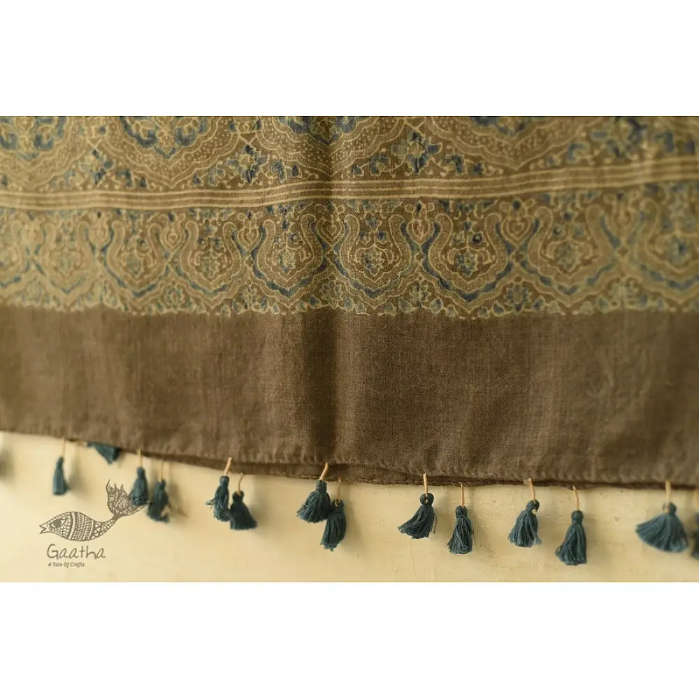 olive brown indigo blue ajrakh wool stole hand block printed geometric grid body ornate floral mandala border traditional artisanal winter scarf sustainable wool natural dyed with tassels