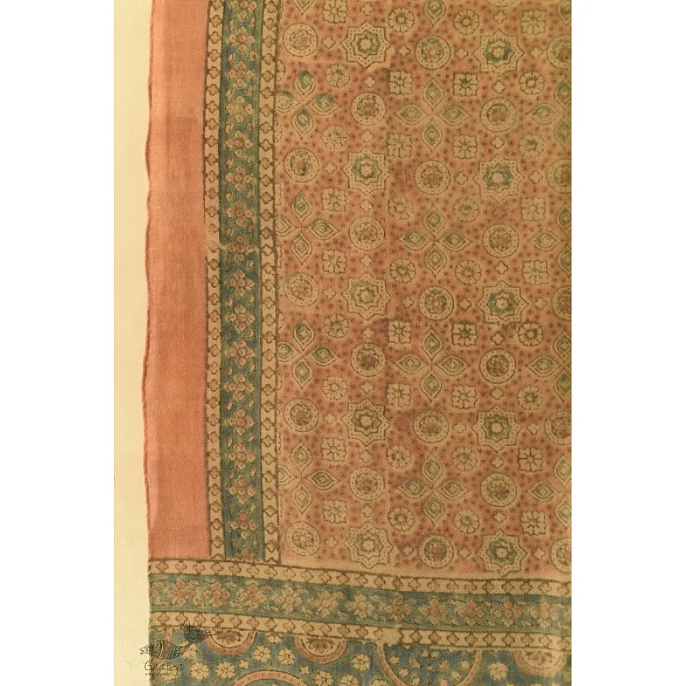 soft peach moss green ajrakh wool stole hand block printed jhar floral sprig body ornate circular medallion border traditional artisanal winter scarf sustainable wool natural dyed with tassels