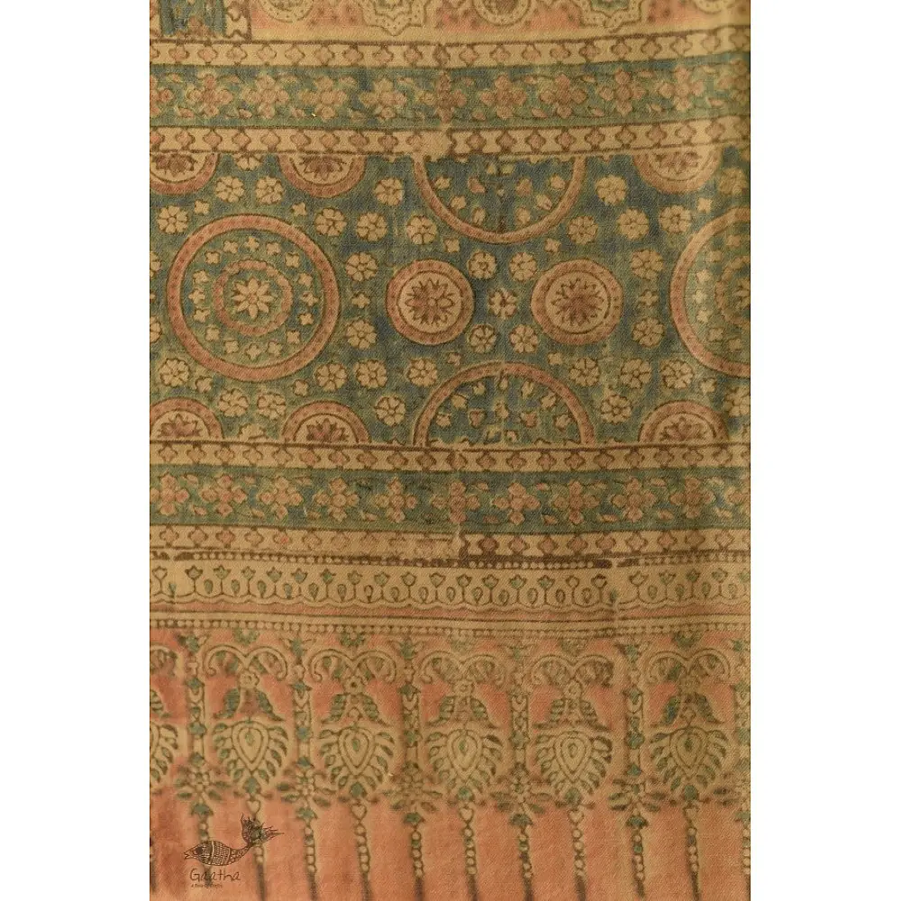 soft peach moss green ajrakh wool stole hand block printed jhar floral sprig body ornate circular medallion border traditional artisanal winter scarf sustainable wool natural dyed with tassels