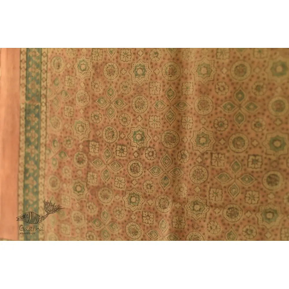 soft peach moss green ajrakh wool stole hand block printed jhar floral sprig body ornate circular medallion border traditional artisanal winter scarf sustainable wool natural dyed with tassels