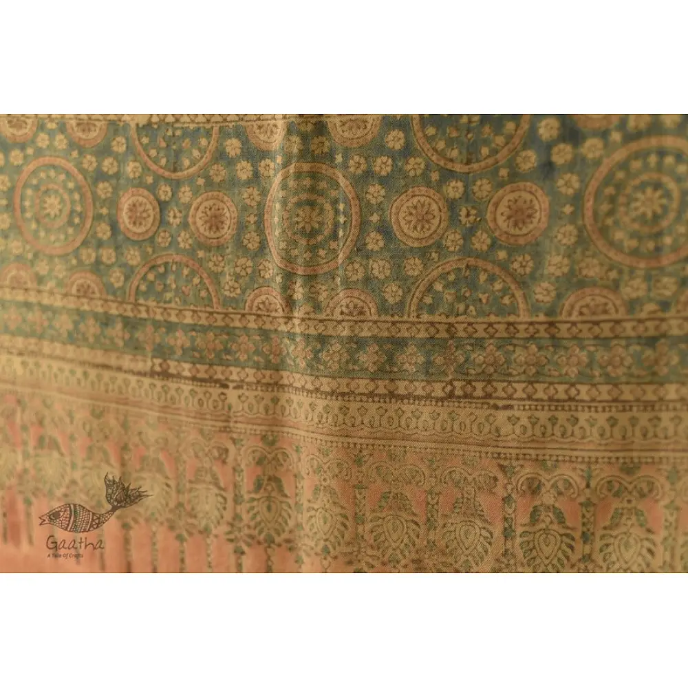 soft peach moss green ajrakh wool stole hand block printed jhar floral sprig body ornate circular medallion border traditional artisanal winter scarf sustainable wool natural dyed with tassels