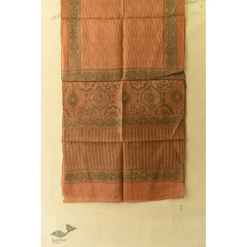 peach moss green ajrakh tussar silk stole hand block printed zigzag leheriya body ornate circular medallion border traditional artisanal scarf sustainable wild silk natural dyed