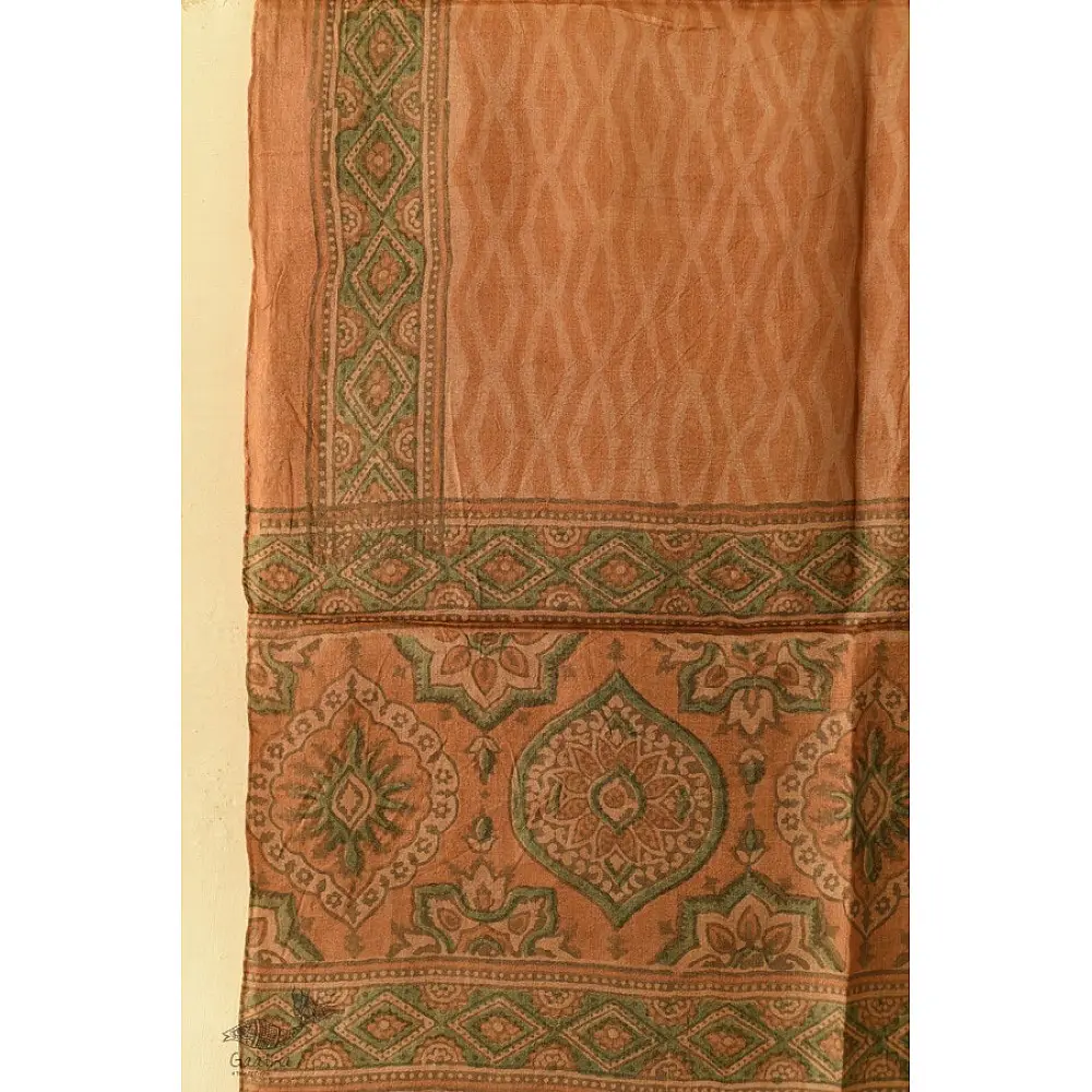 peach moss green ajrakh tussar silk stole hand block printed zigzag leheriya body ornate circular medallion border traditional artisanal scarf sustainable wild silk natural dyed