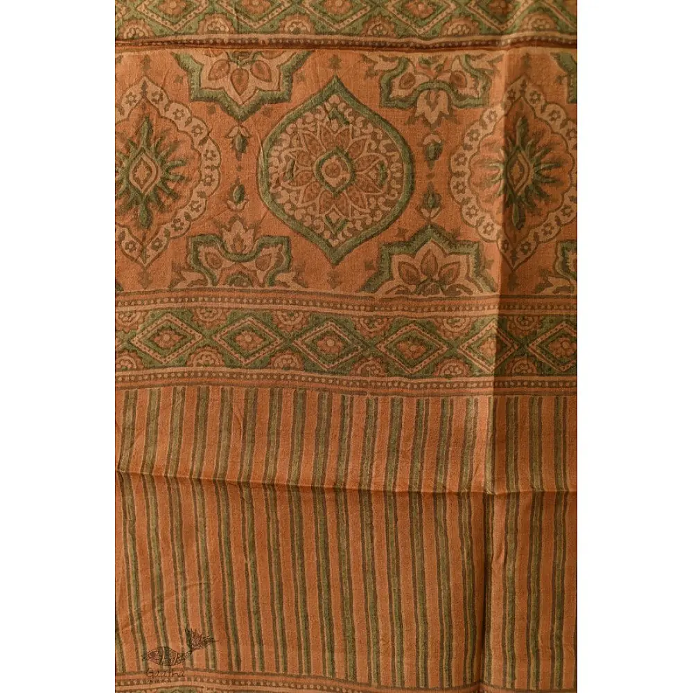 peach moss green ajrakh tussar silk stole hand block printed zigzag leheriya body ornate circular medallion border traditional artisanal scarf sustainable wild silk natural dyed