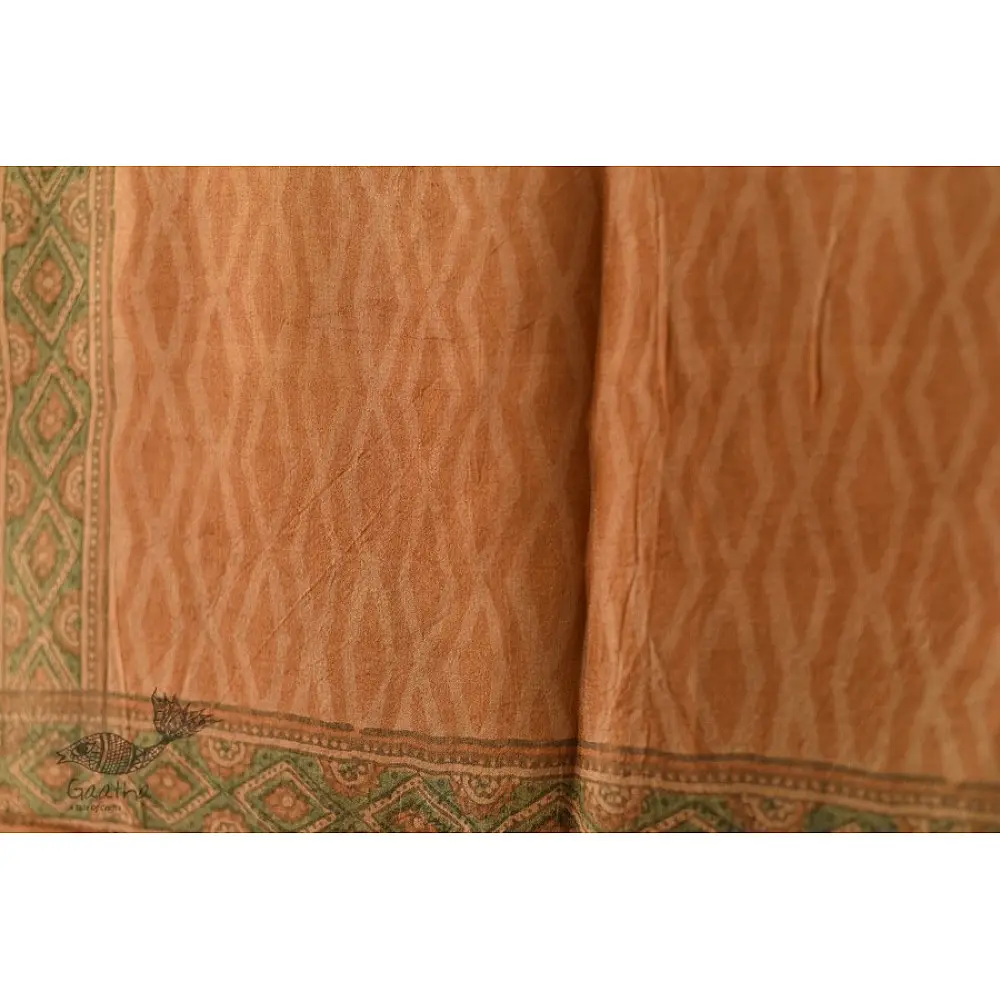 peach moss green ajrakh tussar silk stole hand block printed zigzag leheriya body ornate circular medallion border traditional artisanal scarf sustainable wild silk natural dyed