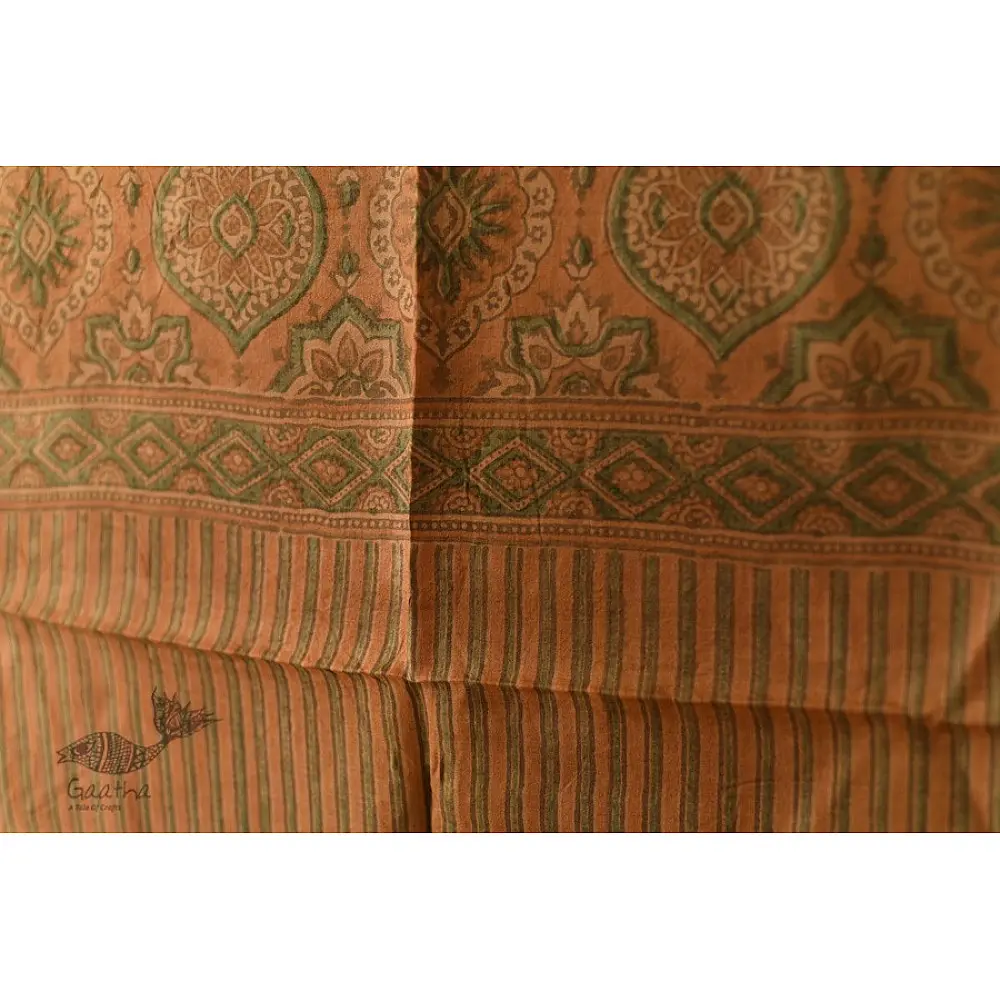 peach moss green ajrakh tussar silk stole hand block printed zigzag leheriya body ornate circular medallion border traditional artisanal scarf sustainable wild silk natural dyed