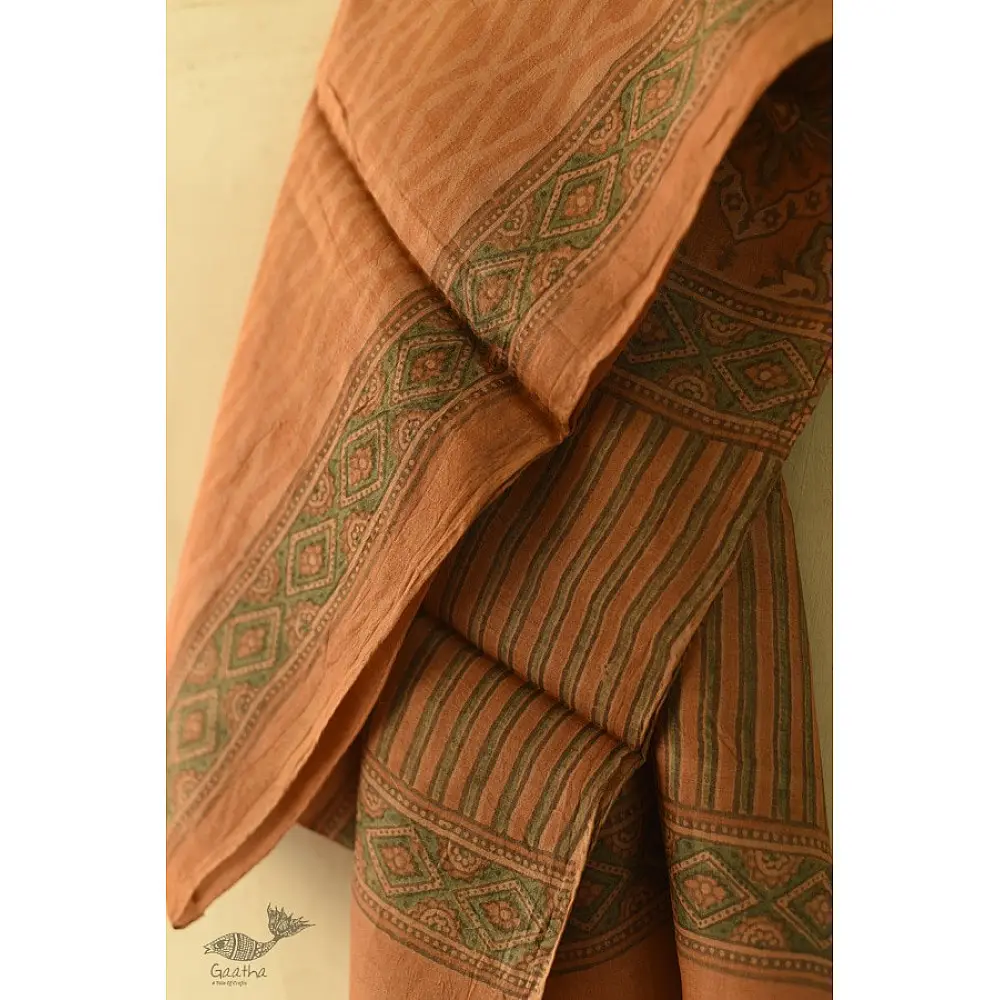 peach moss green ajrakh tussar silk stole hand block printed zigzag leheriya body ornate circular medallion border traditional artisanal scarf sustainable wild silk natural dyed