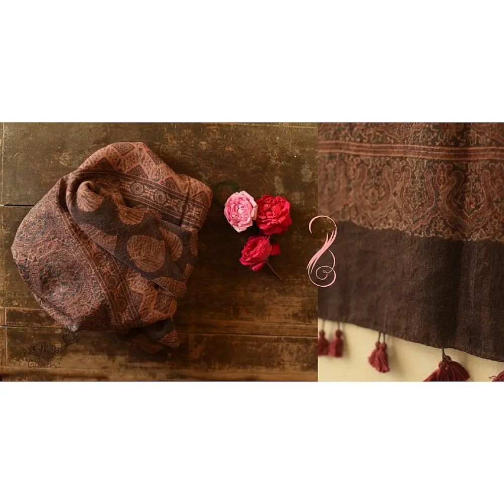 shop Ajrakh Block Print ~ Natural Color Woolen Shawl / Dupatta