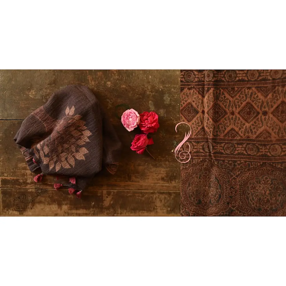 chocolate brown madder red ajrakh wool stole hand block printed tree of life kalpavriksha body ornate floral mandala border traditional artisanal winter scarf sustainable wool natural dyed with tassels