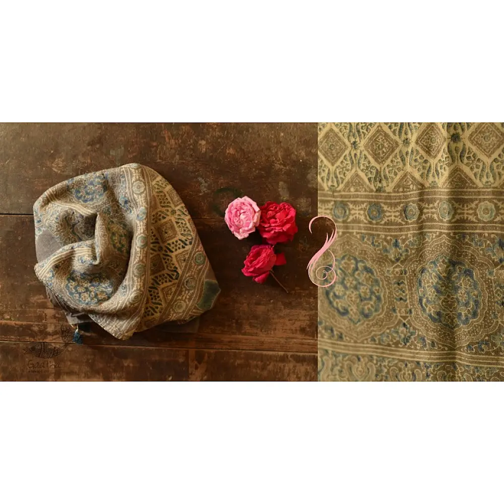 olive brown indigo blue ajrakh wool stole hand block printed geometric grid body ornate floral mandala border traditional artisanal winter scarf sustainable wool natural dyed with tassels