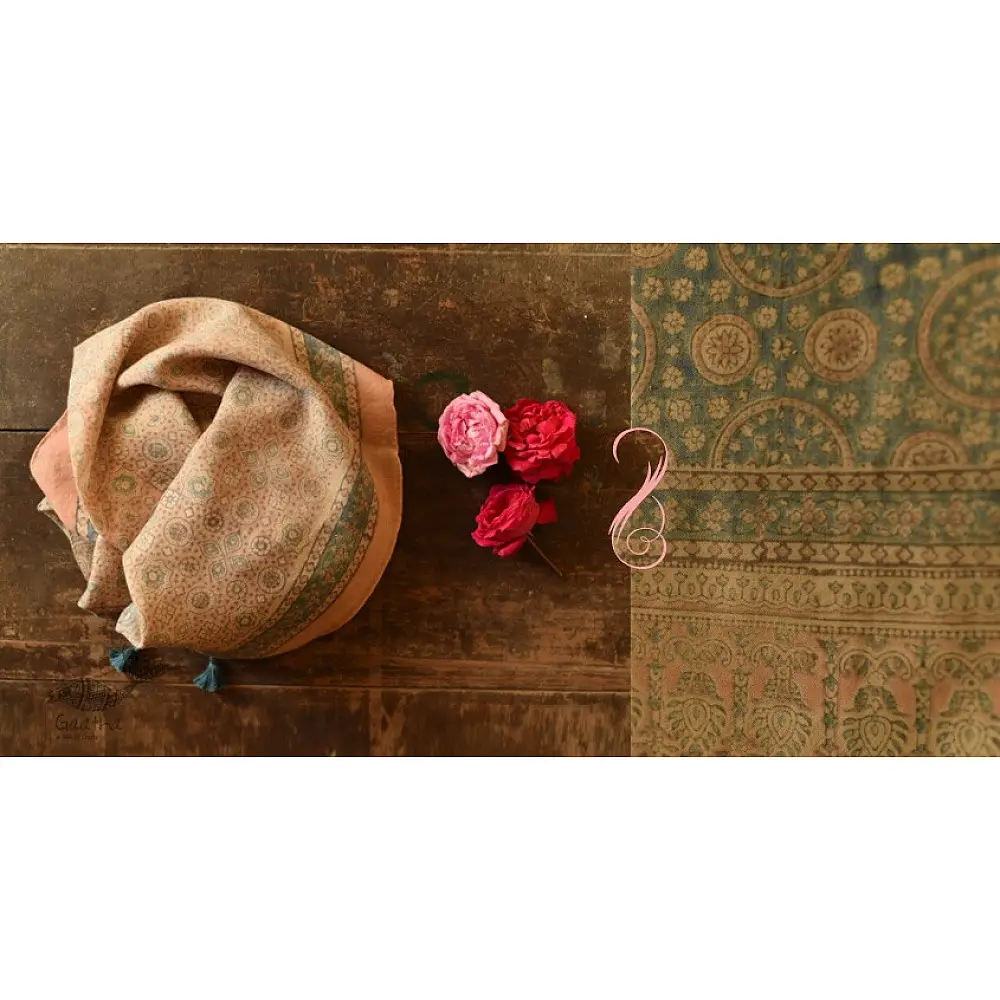 soft peach moss green ajrakh wool stole hand block printed jhar floral sprig body ornate circular medallion border traditional artisanal winter scarf sustainable wool natural dyed with tassels