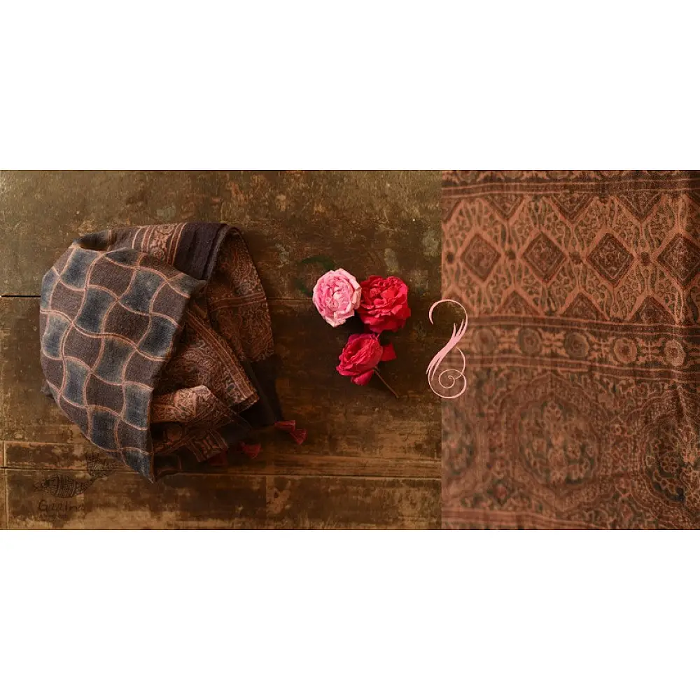 chocolate brown madder red ajrakh wool stole hand block printed geometric grid body ornate floral mandala border traditional artisanal winter scarf sustainable wool natural dyed with tassels