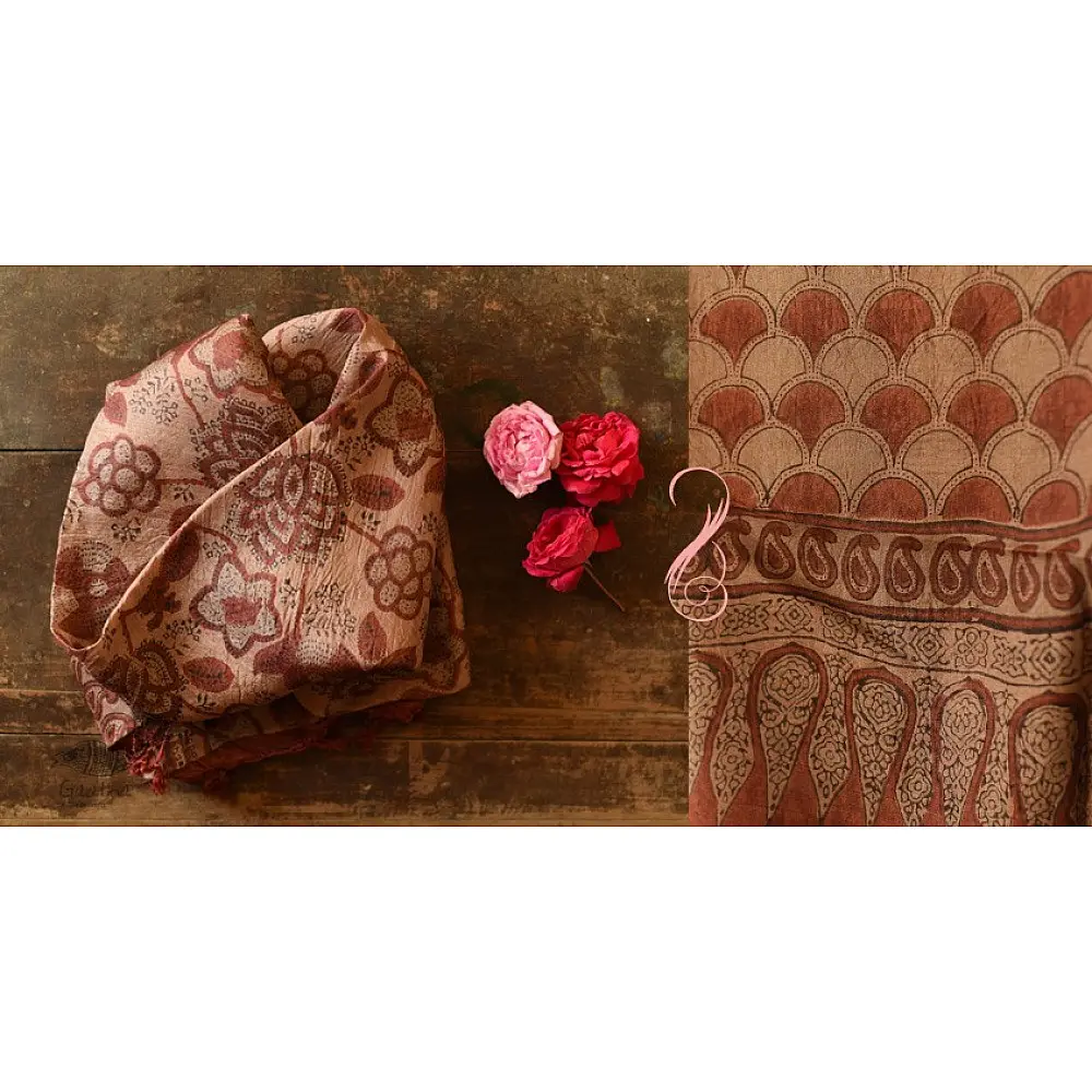 terracotta madder red ajrakh tussar silk stole hand block printed floral jaal body ornate paisley kalka border traditional mihrab arched detail artisanal scarf sustainable wild silk natural dyed