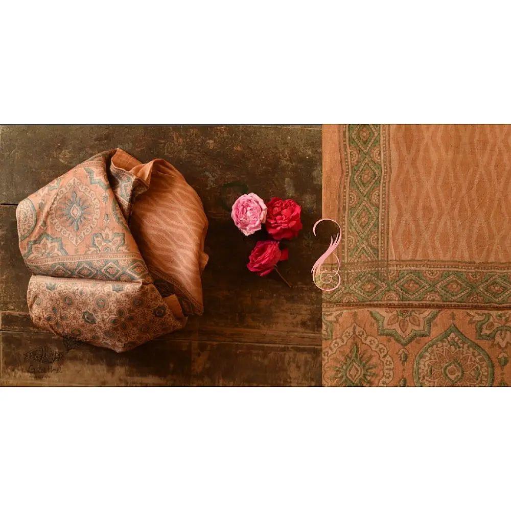 peach moss green ajrakh tussar silk stole hand block printed zigzag leheriya body ornate circular medallion border traditional artisanal scarf sustainable wild silk natural dyed