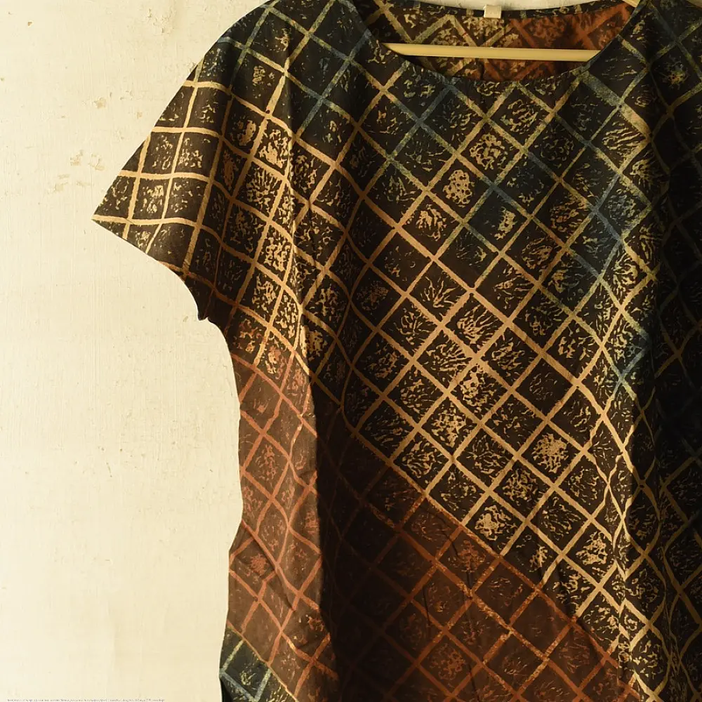 mustard gold chocolate brown deep indigo ajrakh cotton top diagonal diamond jaal block print hand block printed boxy fit artisanal blouse women sustainable fashion natural dyed