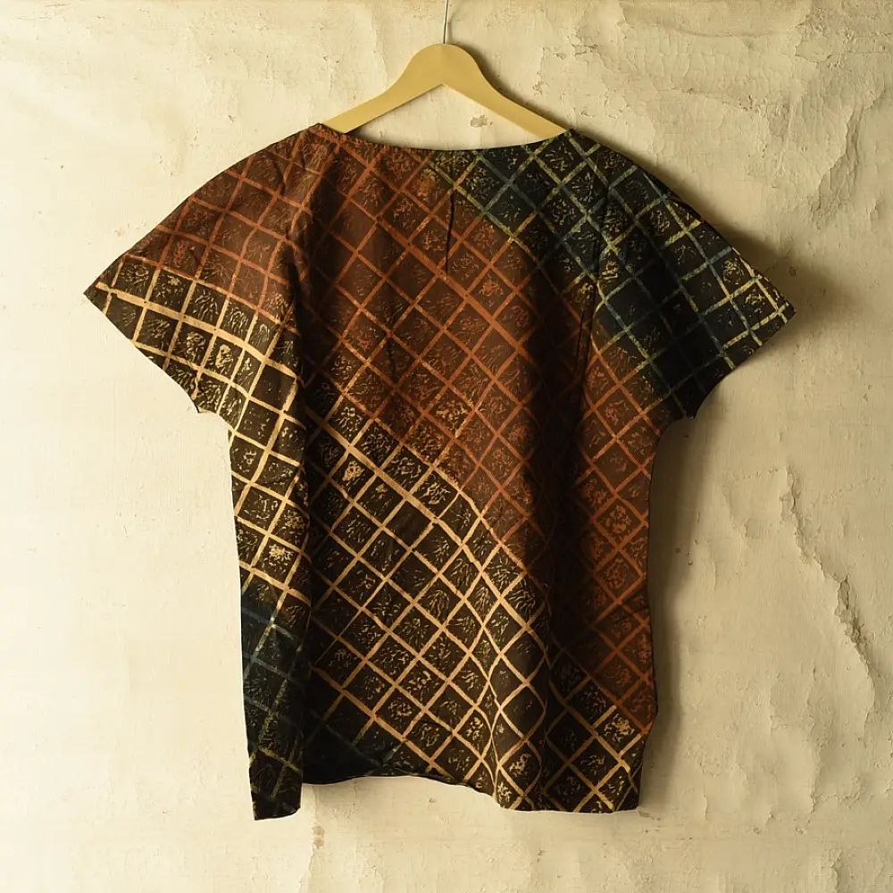 mustard gold chocolate brown deep indigo ajrakh cotton top diagonal diamond jaal block print hand block printed boxy fit artisanal blouse women sustainable fashion natural dyed