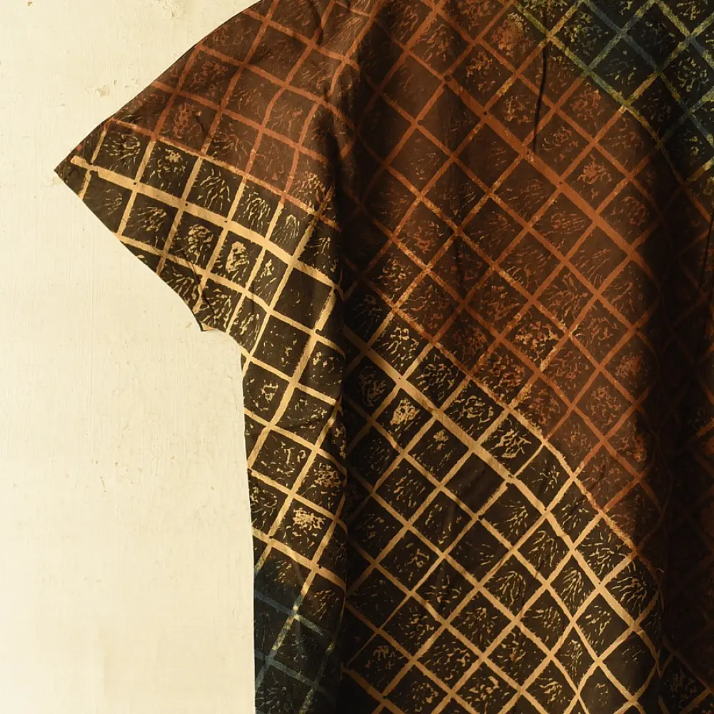 mustard gold chocolate brown deep indigo ajrakh cotton top diagonal diamond jaal block print hand block printed boxy fit artisanal blouse women sustainable fashion natural dyed