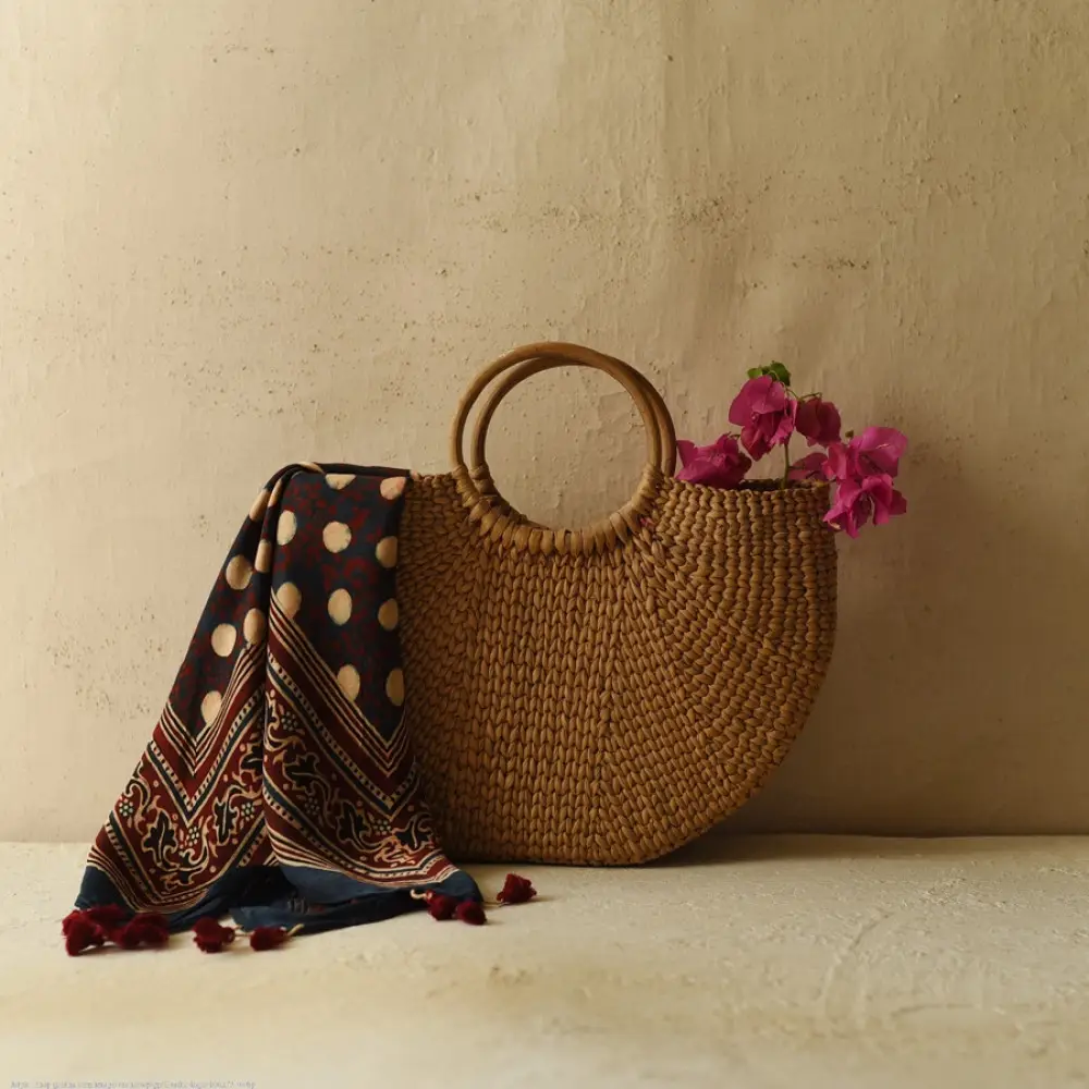 black ajrakh silk square scarf polka dot buti pattern hand block printed natural dyed scarf tassels
