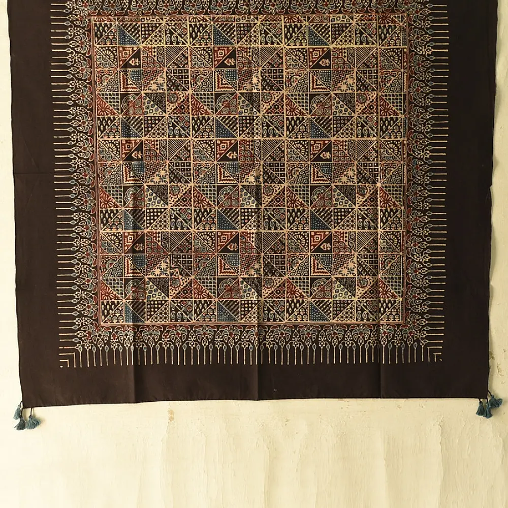ajrakh silk square scarf square geometric pattern block print hand block printed natural dyed scarf tassels