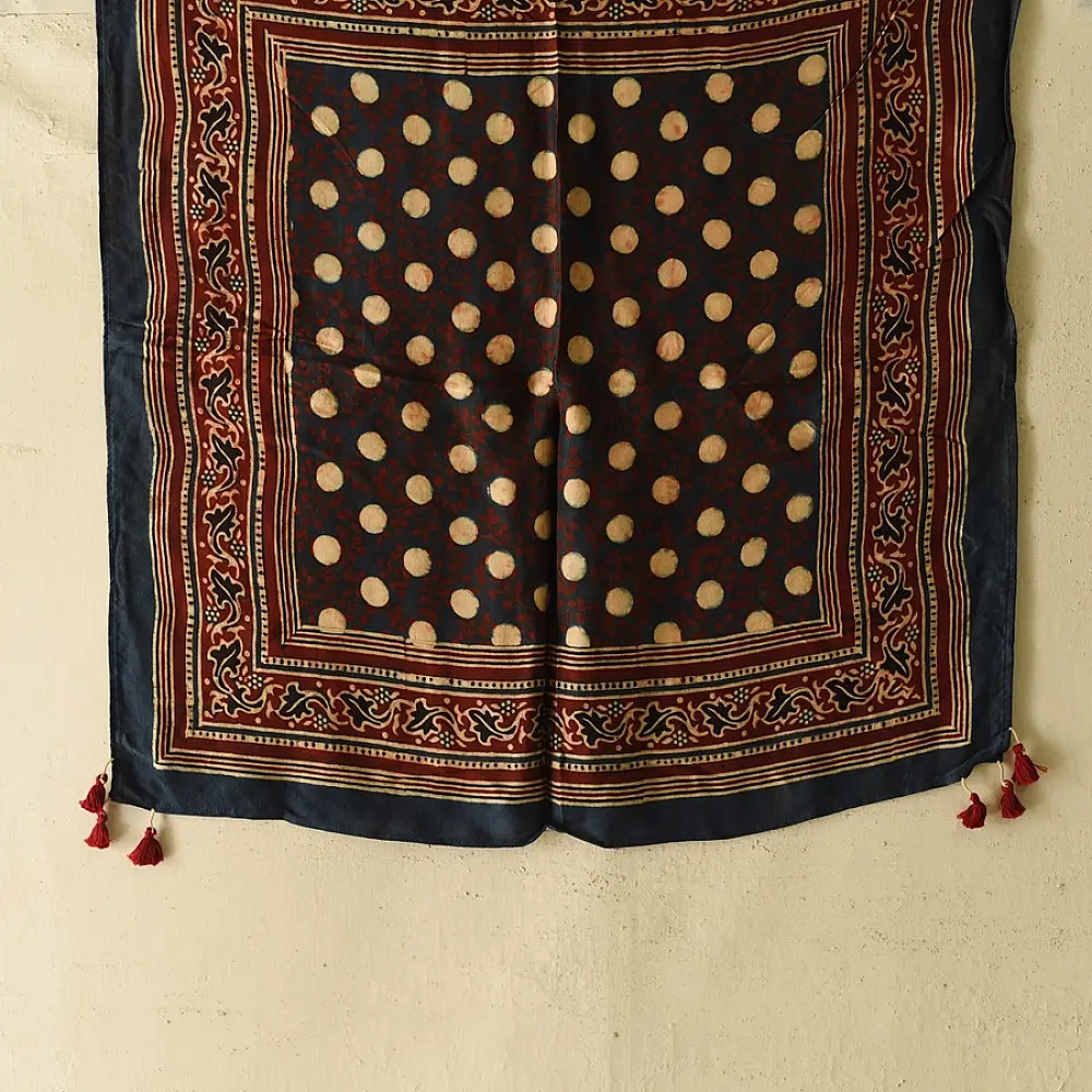 black ajrakh silk square scarf polka dot buti pattern hand block printed natural dyed scarf tassels
