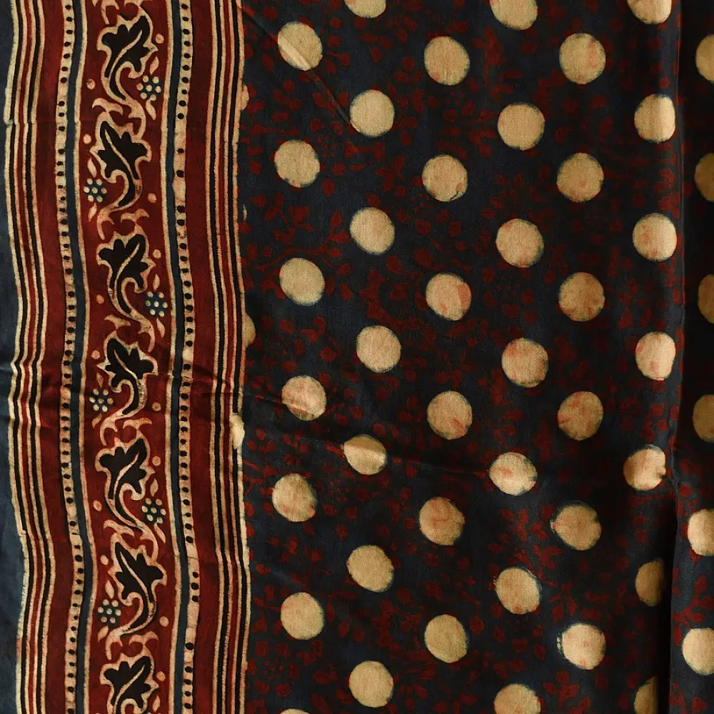 black ajrakh silk square scarf polka dot buti pattern hand block printed natural dyed scarf tassels
