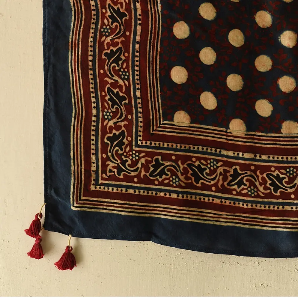 black ajrakh silk square scarf polka dot buti pattern hand block printed natural dyed scarf tassels