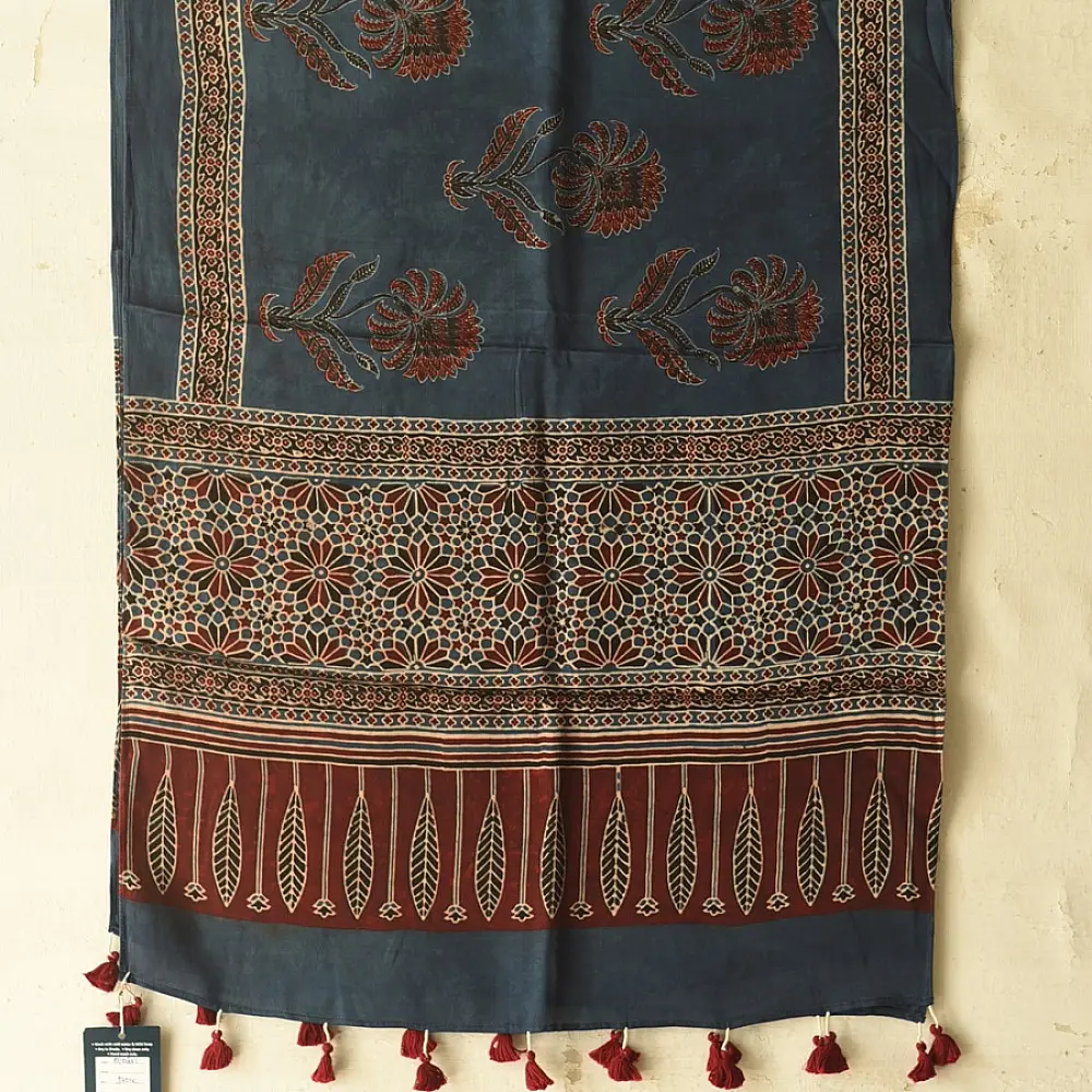 deep indigo blue madder red ajrakh silk stole hand block printed floral buta motif body ornate star medallion border traditional mihrab arched detail artisanal scarf sustainable fashion natural dyed with tassels
